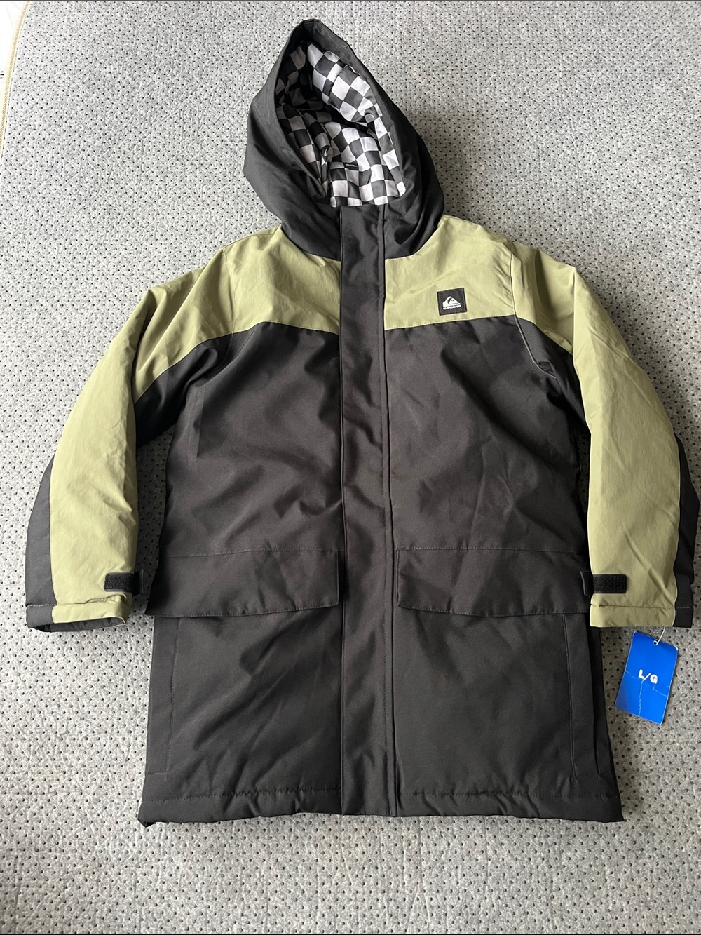 Quiksilver Black and Olive Green Checkerboard-Lined Hooded Parka